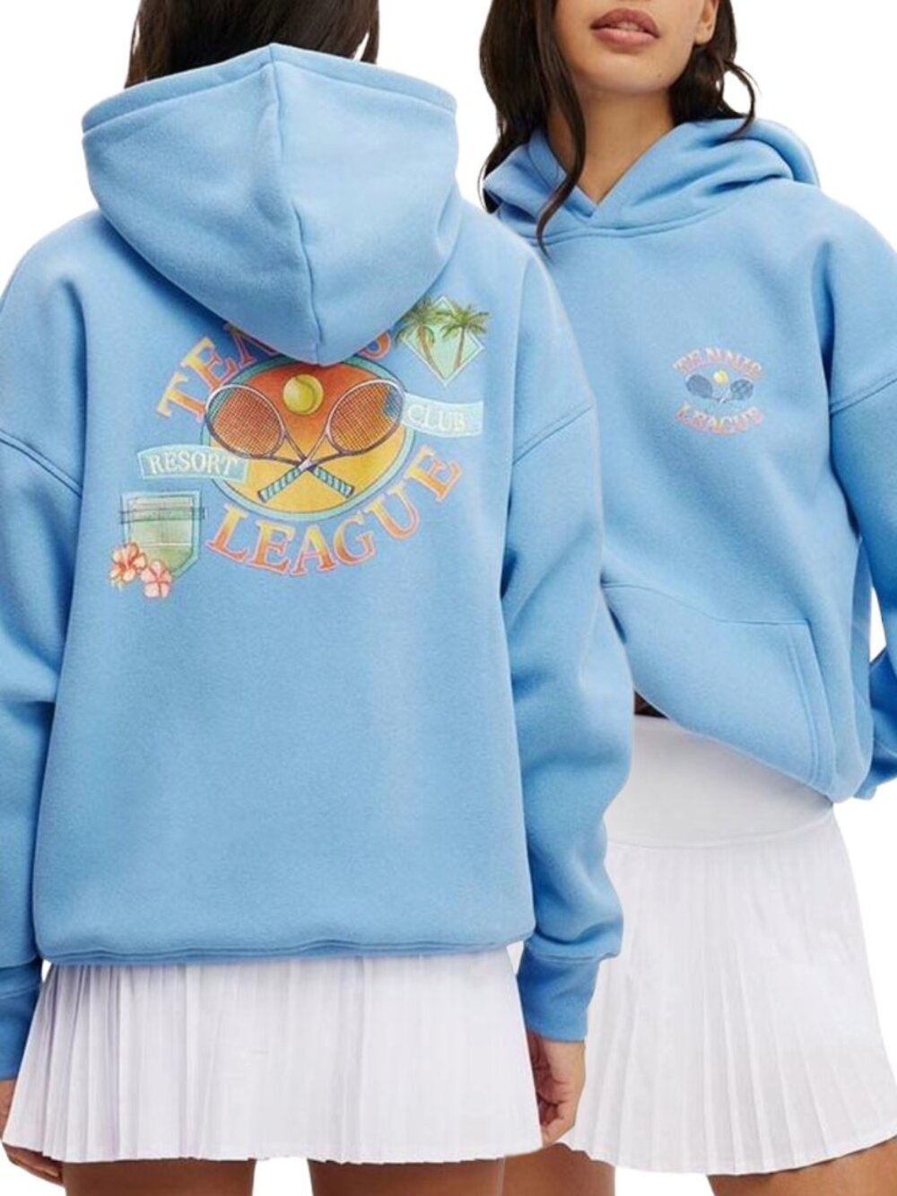 Blue Plush Graphic Hoodie Oversized Fleece Tennis League NWT L
